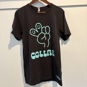 Collab Shirt Men Medium Black Teal Graphic Tee Canvas Peace Smile‎ 100% Cotton